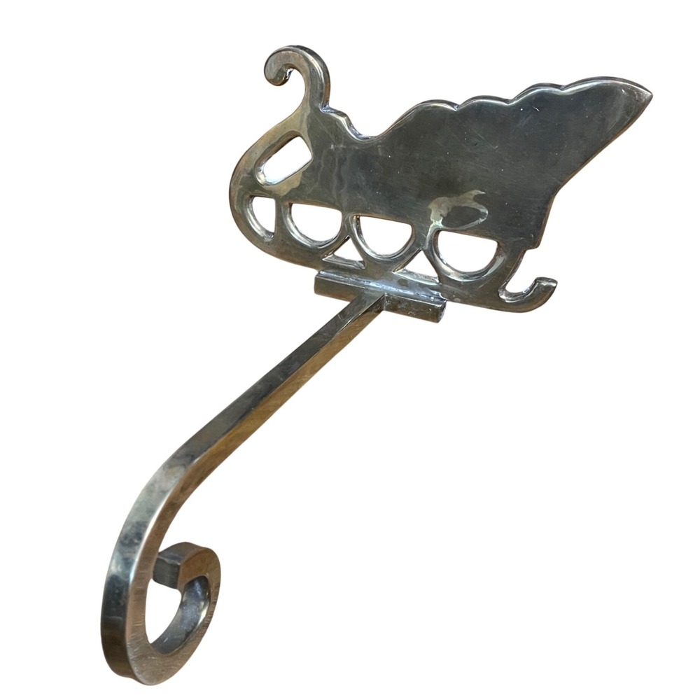 Vintage Brass Gold Christmas Holiday Mantle Santa Sleigh Stocking Holder